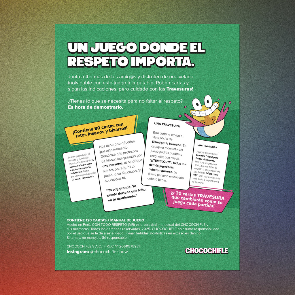 Reverso de la caja de Con Todo Respeto con ejemplos de cartas de reto y cartas Travesura