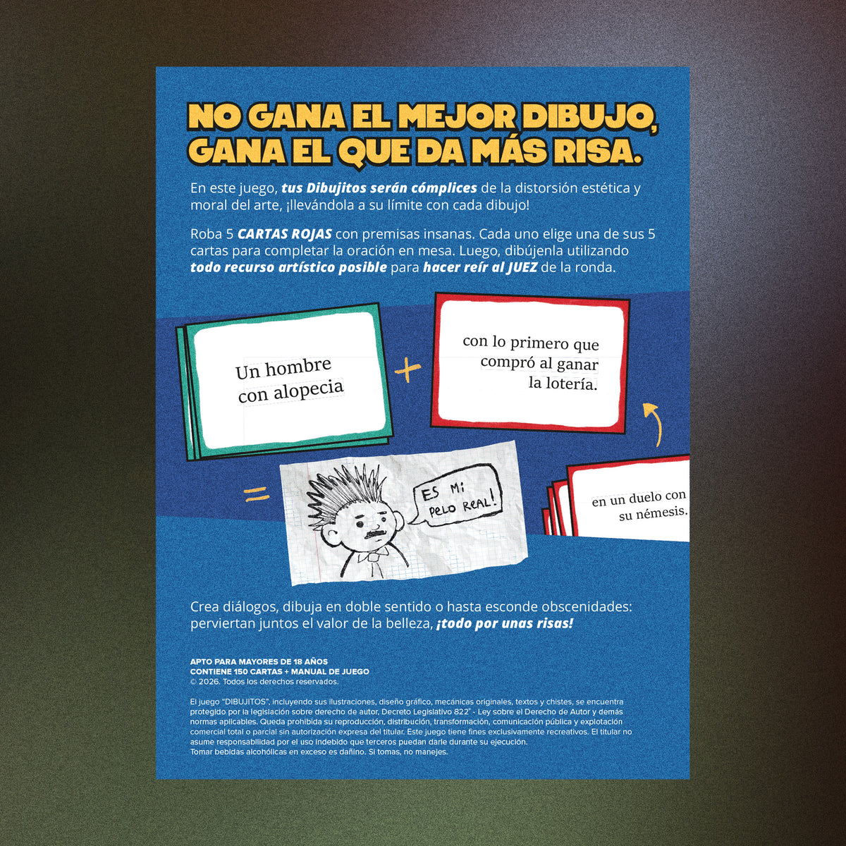 Reverso de la caja de Dibujitos con un ejemplo de ronda: carta turquesa, carta roja y el dibujo que resulta